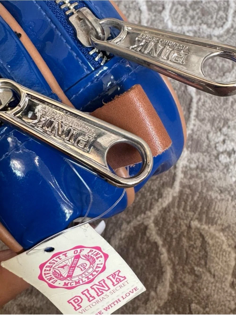 PINK Victoria's Secret Glossy Blue Travel Pouch with Tan Trim